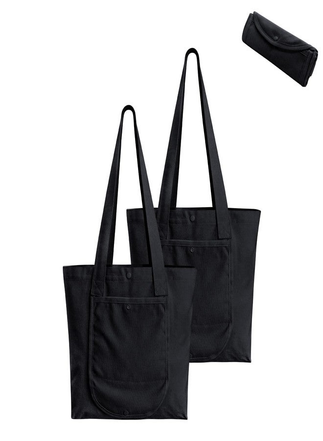 Coddsmz 2-Pack Foldable Canvas Tote Bag Reusable Grocery Shopping Bag with Pocket Travel Storage for DIY Blank Painting Sublimation(Black) - Image 1