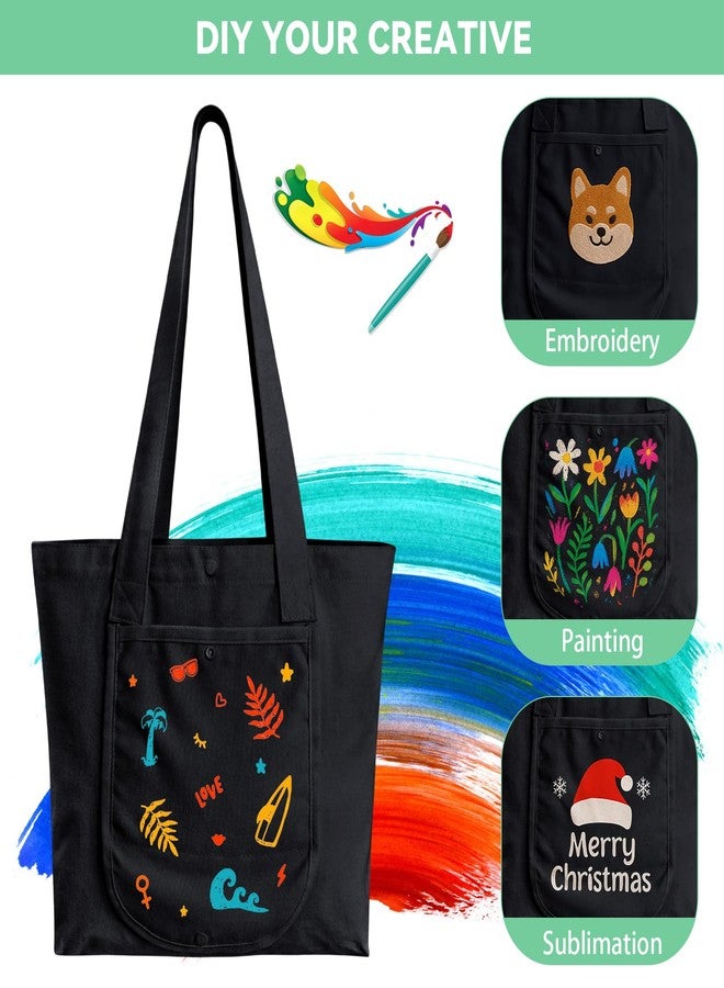 Coddsmz 2-Pack Foldable Canvas Tote Bag Reusable Grocery Shopping Bag with Pocket Travel Storage for DIY Blank Painting Sublimation(Black) - Image 3