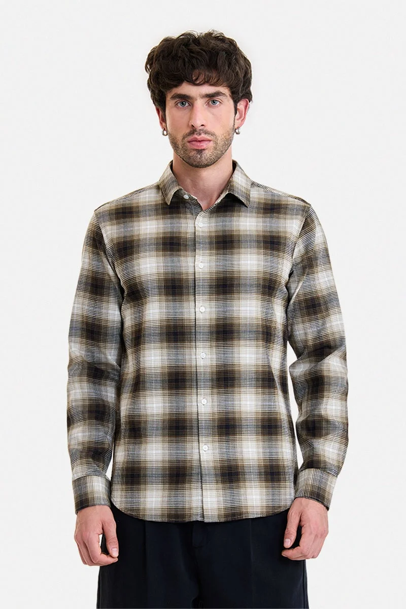 SNITCH Beige Checkered Long Sleeve Slim Fit Shirt