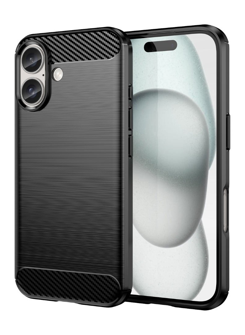 iPhone 16 Rugged Shield Cover – Black. Brushed carbon fiber texture, shockproof TPU, anti-slip, slim, and lightweight for durable protection.  - Image 1