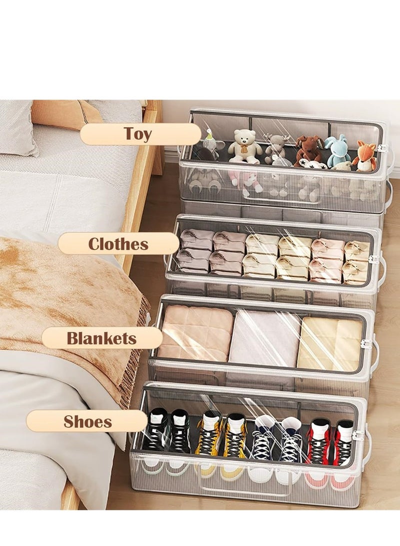 4PCS Shoe Storage Boxes, Clear Foldable Fabric Shoe Storage Organizer with Steel Frame, Stackable and Foldable, Under Bed Storage Bin with Handle and Zipper for Shoes Clothes Sheets Toys, Space Saving Design (4 Pack)  - Image 1