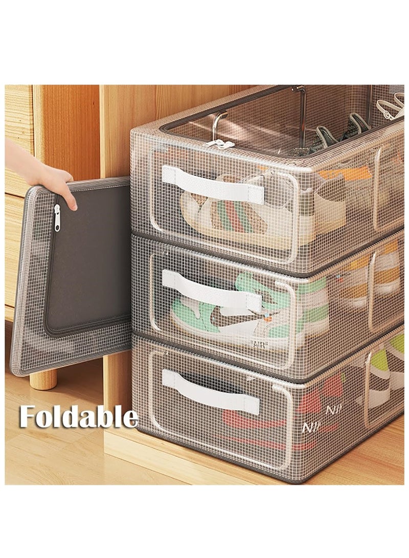 4PCS Shoe Storage Boxes, Clear Foldable Fabric Shoe Storage Organizer with Steel Frame, Stackable and Foldable, Under Bed Storage Bin with Handle and Zipper for Shoes Clothes Sheets Toys, Space Saving Design (4 Pack)  - Image 2