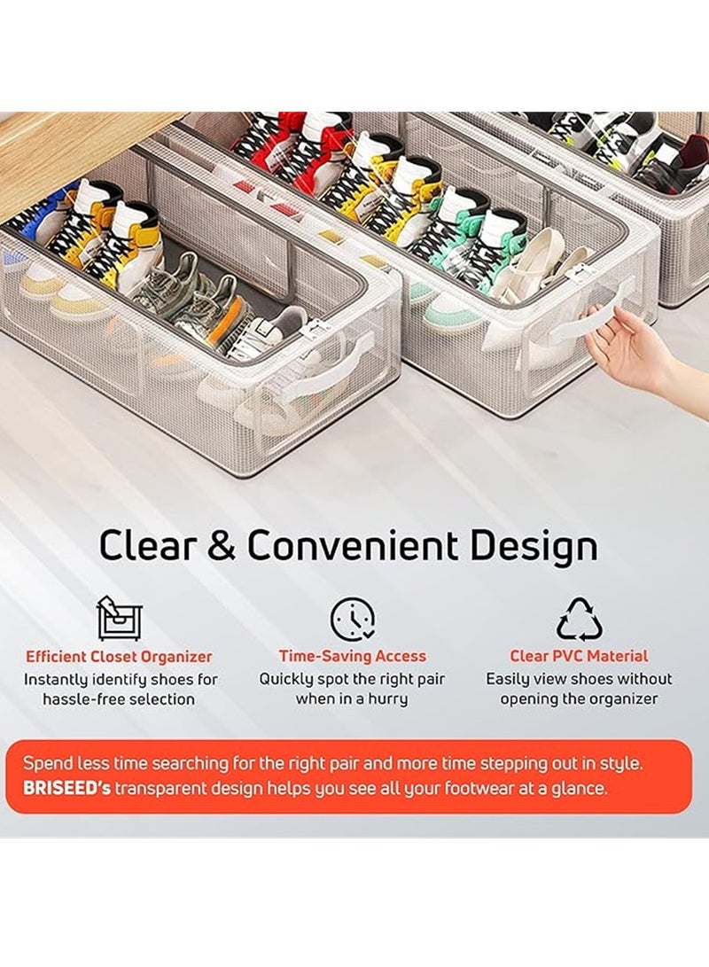 4PCS Shoe Storage Boxes, Clear Foldable Fabric Shoe Storage Organizer with Steel Frame, Stackable and Foldable, Under Bed Storage Bin with Handle and Zipper for Shoes Clothes Sheets Toys, Space Saving Design (4 Pack)  - Image 3