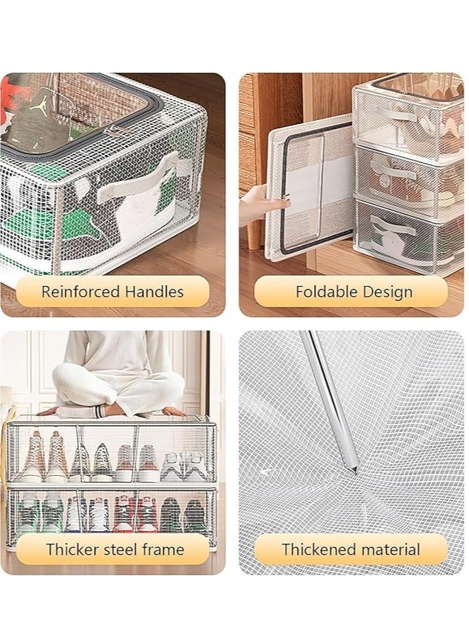 4PCS Shoe Storage Boxes, Clear Foldable Fabric Shoe Storage Organizer with Steel Frame, Stackable and Foldable, Under Bed Storage Bin with Handle and Zipper for Shoes Clothes Sheets Toys, Space Saving Design (4 Pack)  - Image 4