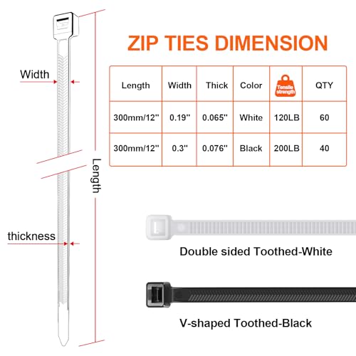 JIANYANG Zip Ties Heavy Duty 12+12 inch,V-Shaped Toothed Double Sided With 200 LBS Tensile Strength Cable Ties ，Extra Large Wire Ties Adjustable Nylon Tie Wraps for Indoor Outdoor Black and White（100 Pack） - Image 2