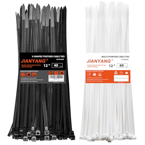 JIANYANG Zip Ties Heavy Duty 12+12 inch,V-Shaped Toothed Double Sided With 200 LBS Tensile Strength Cable Ties ，Extra Large Wire Ties Adjustable Nylon Tie Wraps for Indoor Outdoor Black and White（100 Pack） - Image 1