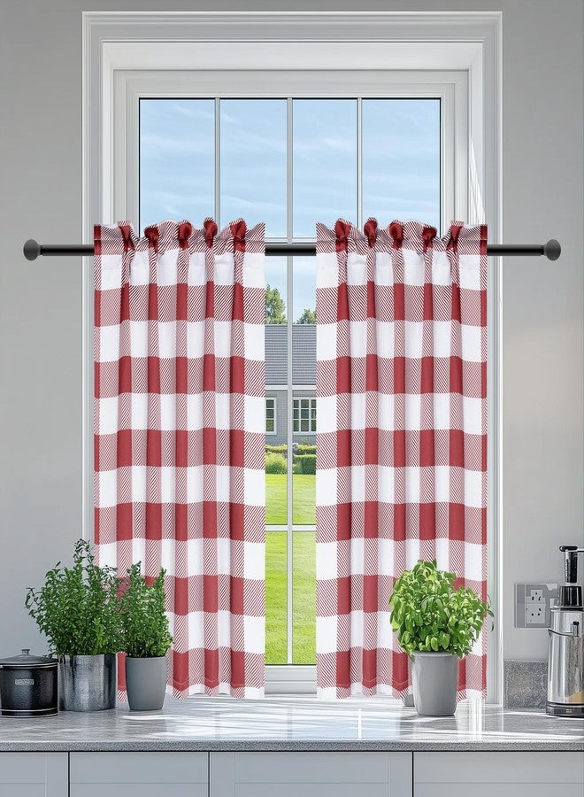 Simple Deluxe 2 PCS Buffalo Check Kitchen Tier Curtains, Plaid Gingham Short Curtain for Half Cafe Windows, 26" W x 30" L, White&Red, New - Image 1