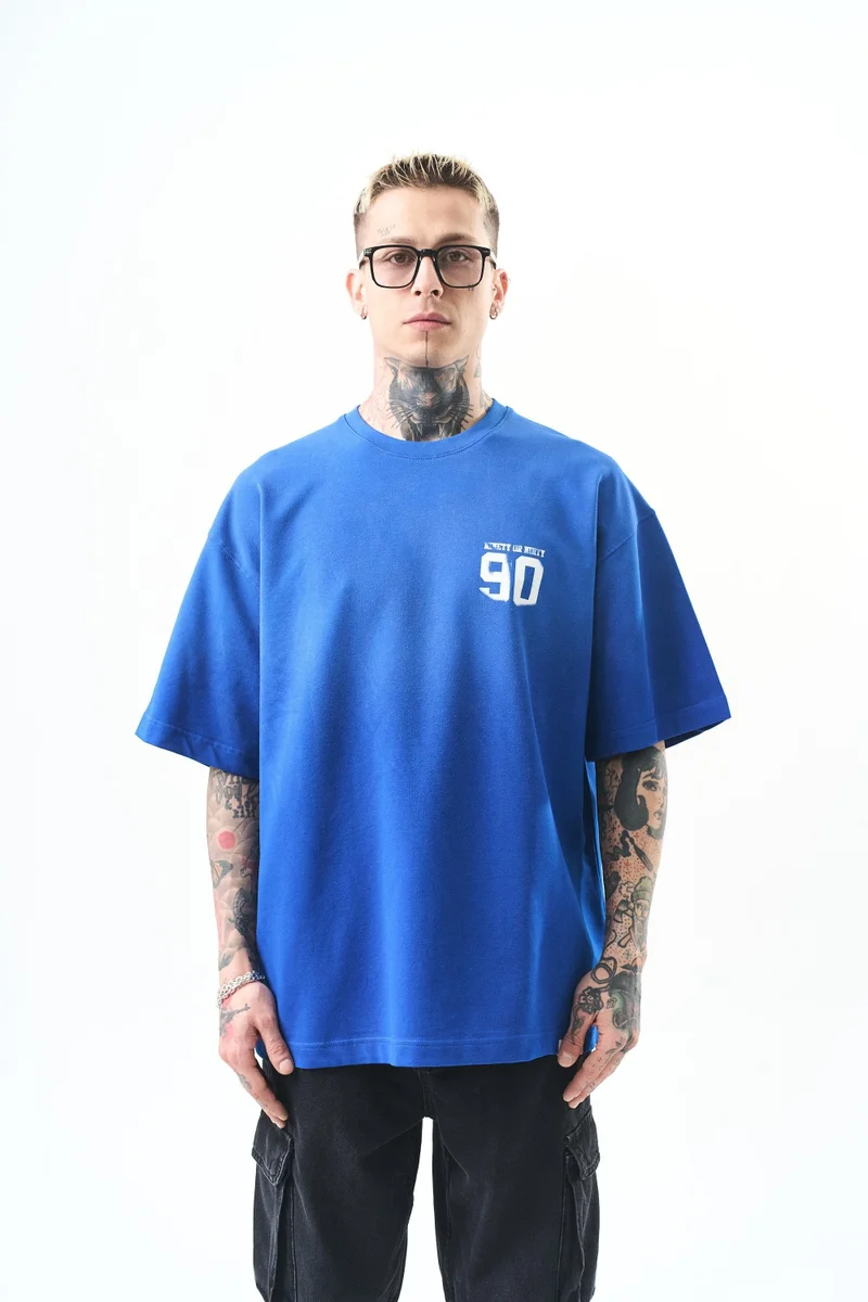 ريسباير تي شيرت رجالي مقاس كبير (Oversize) بطبعة "Ninety"، أزرق ملكي (ساكس)