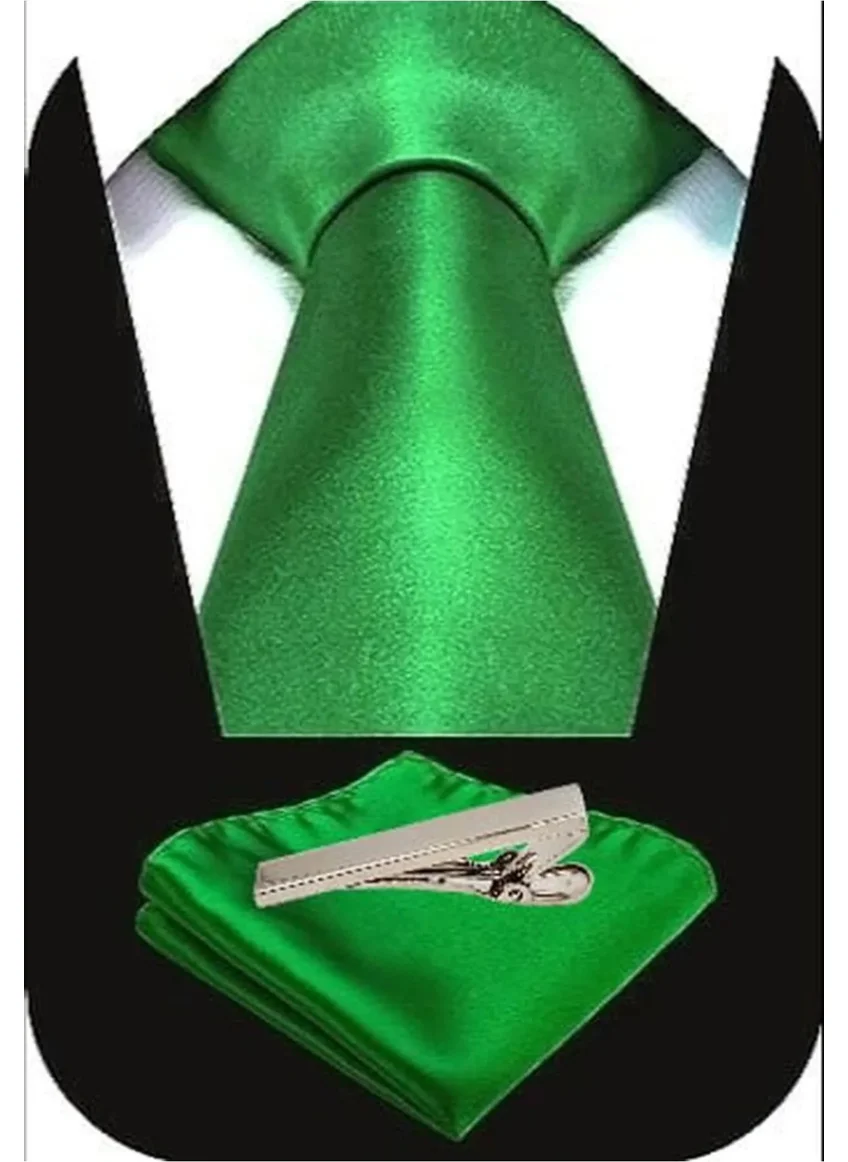 Tezzgelsin Men's Satin Tie Handkerchief and Silver Steel Tie Clip Set