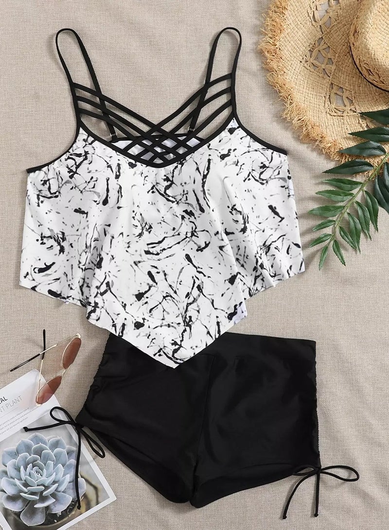 Plus Marble Print Lattice Hanky Hem Bikini Swimsuit - Image 1