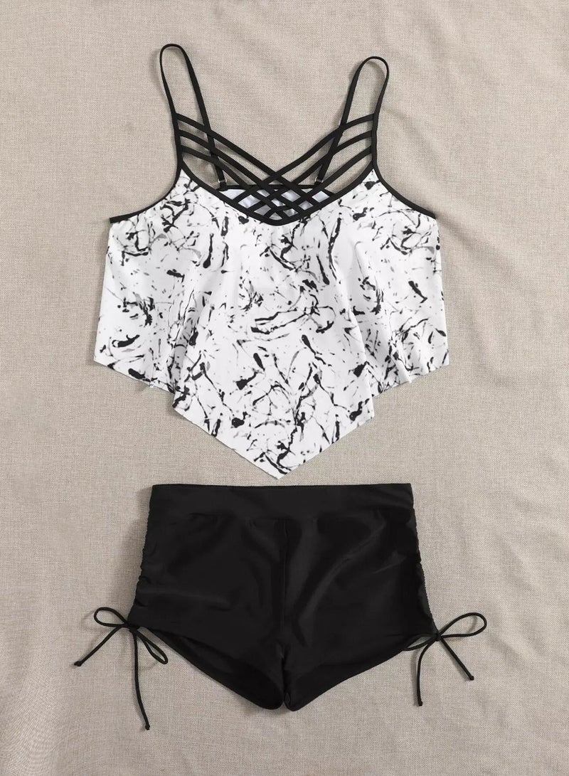 Plus Marble Print Lattice Hanky Hem Bikini Swimsuit - Image 3