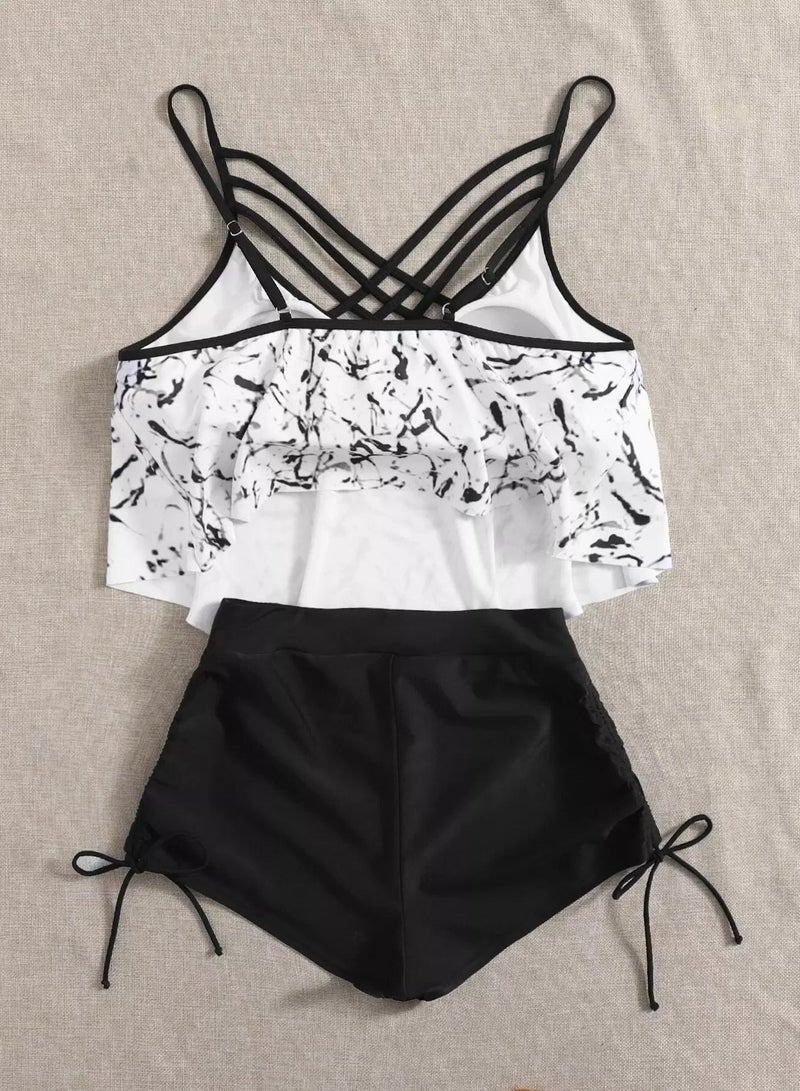 Plus Marble Print Lattice Hanky Hem Bikini Swimsuit - Image 2