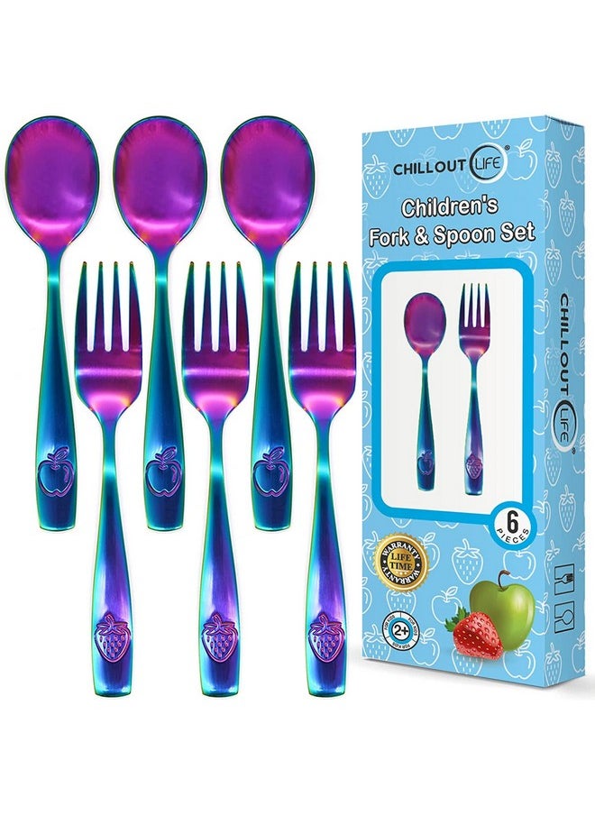CHILLOUT LIFE - 6 Piece Stainless Steel Kids Silverware Set - Child And Toddler Safe Flatware - Kids Utensil Set - Metal Kids Cutlery Set (Includes 3 Small Kids Spoons & Kids 3 Forks, Uv Rainbow) - Image 1