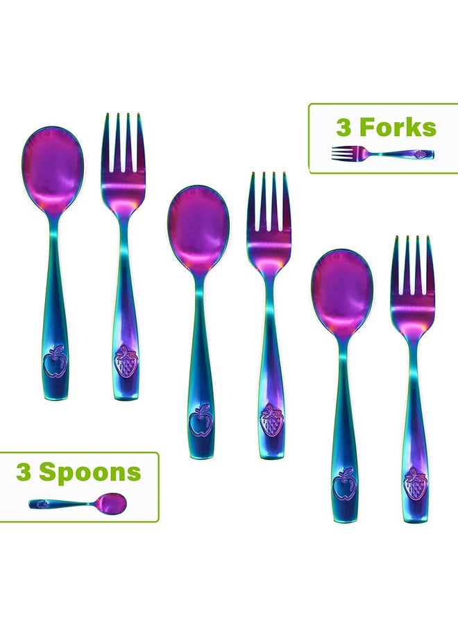 CHILLOUT LIFE - 6 Piece Stainless Steel Kids Silverware Set - Child And Toddler Safe Flatware - Kids Utensil Set - Metal Kids Cutlery Set (Includes 3 Small Kids Spoons & Kids 3 Forks, Uv Rainbow) - Image 1