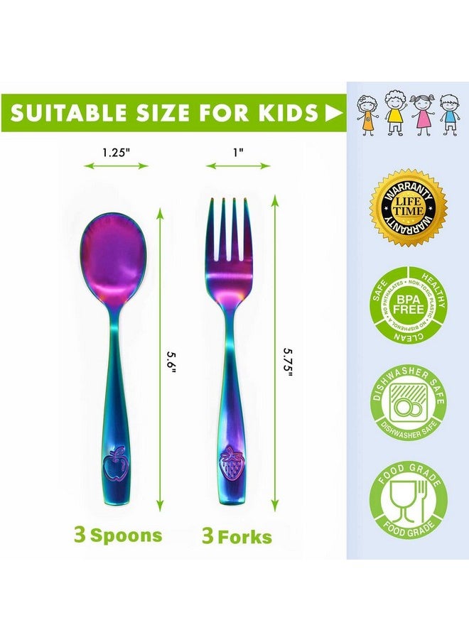 CHILLOUT LIFE - 6 Piece Stainless Steel Kids Silverware Set - Child And Toddler Safe Flatware - Kids Utensil Set - Metal Kids Cutlery Set (Includes 3 Small Kids Spoons & Kids 3 Forks, Uv Rainbow) - Image 1