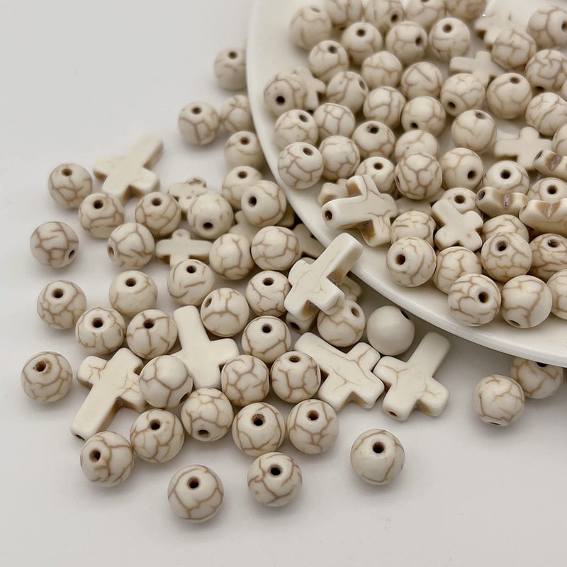 ANCADN 210pcs Cross Stone Beads Natural Stone Beads Magnesite Turquoise Cross Beads for Jewelry Craft Making White