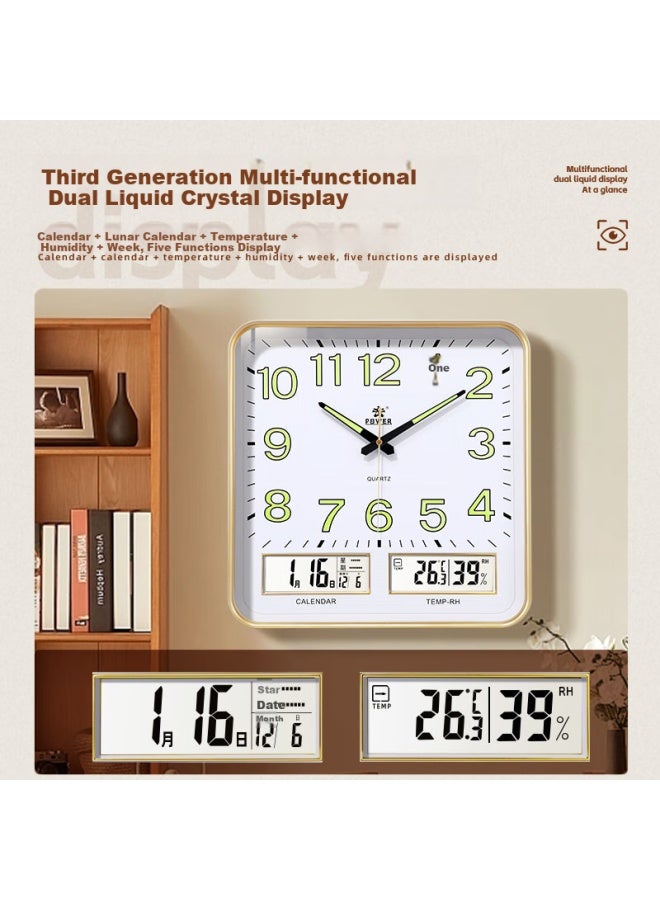 Power Luminous Wall Clock For Living Room, Perpetual Calendar Temperature Clock, Square Calendar Wall Clock, 37cm Gold - Image 2