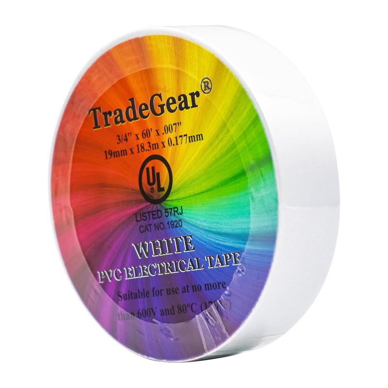 TradeGear (1PK White Colored Electrical Tape - PVC General Purpose - Waterproof, Flame-Retardant, Rubber Based Adhesive, UL Listed - Rated for Max. 600V and 80oC Use – 60’ x 3/4" x 0.07" - Image 4