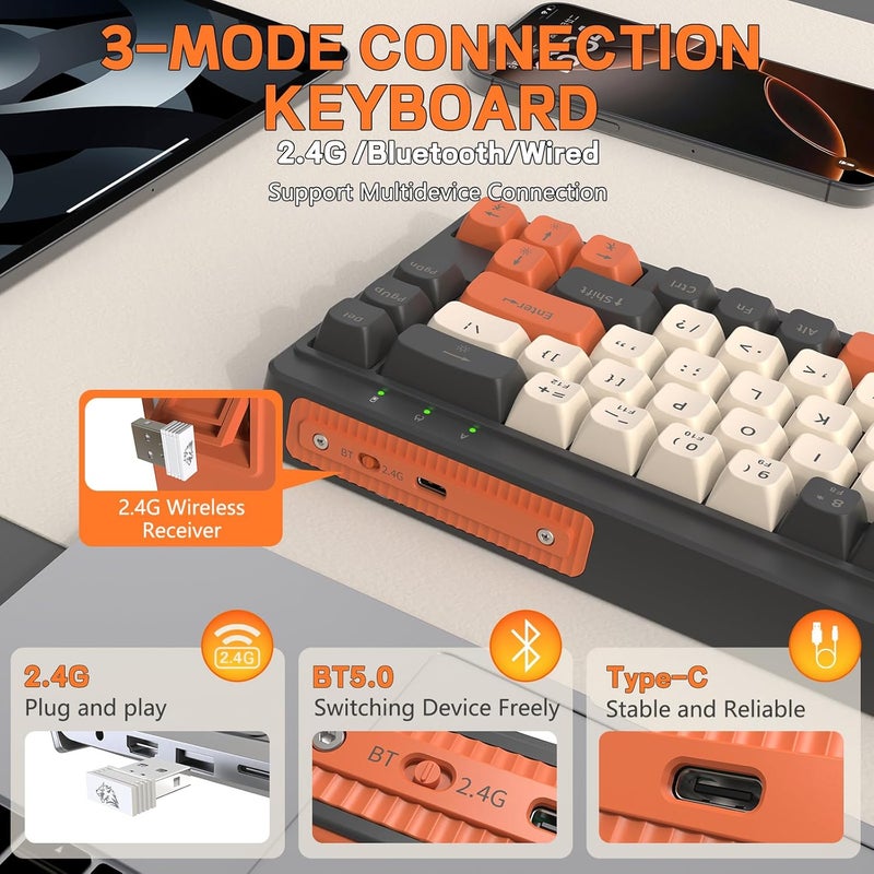 LexonElec X FREEWOLF M68 60% Wireless Gaming Keyboard, QWERTY Layout, BT/2.4G/Wired Silent Membrane Keyboard, Rainbow Backlit 67 Keys PBT Keycaps, 2000mAh Portable for Gamer/Office - Grey - Image 3