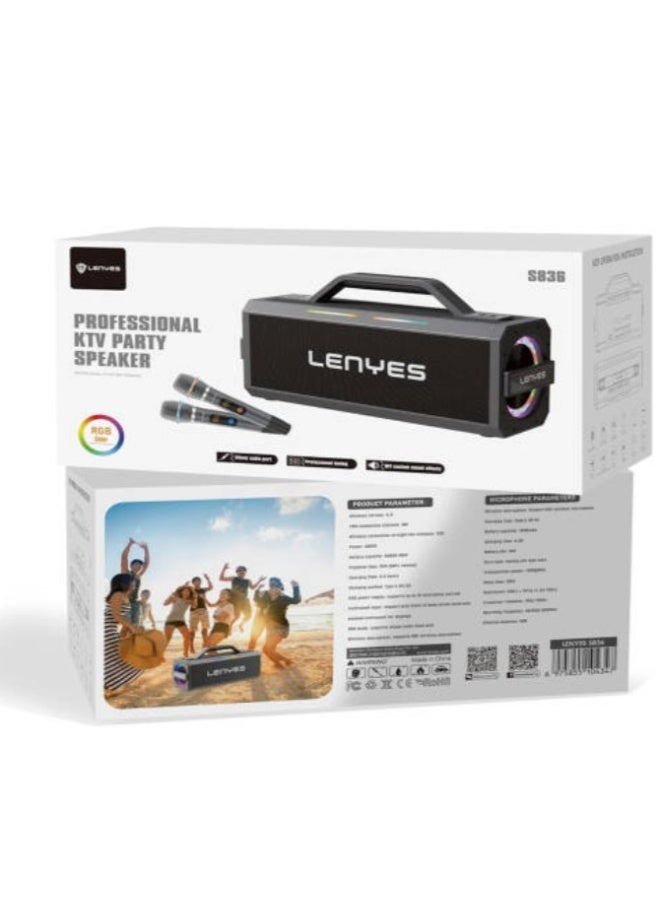 Lenyes S836 Portable Bluetooth Party Speaker with Wireless Microphone, 300W Peak Power, RGB Lights - Image 5