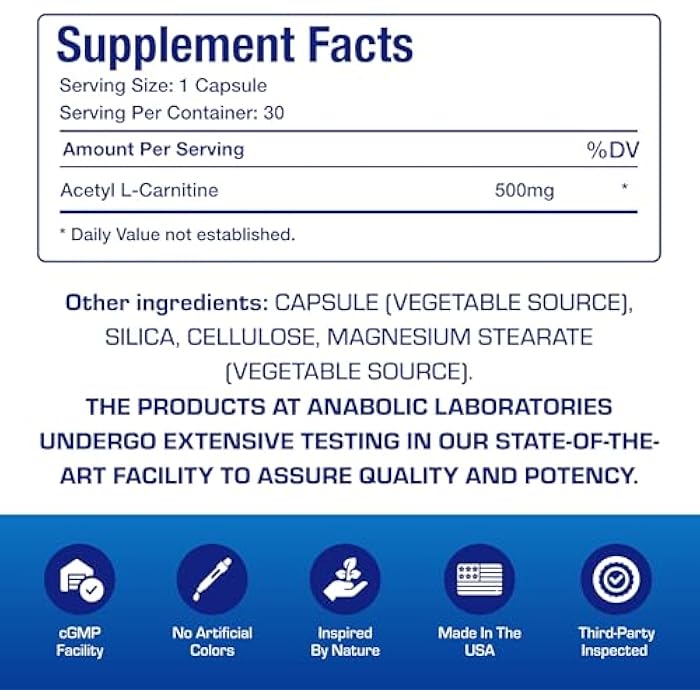Anabolic Laboratories ALCAR Acetyl L-Carnitine 500mg - High Potency L Carnitine Supplement for Nerve Brain Memory Energy and Focus Support - Vegetarian Non-GMO & Made in The USA in cGMP Facilities - 30 Servings - Image 4
