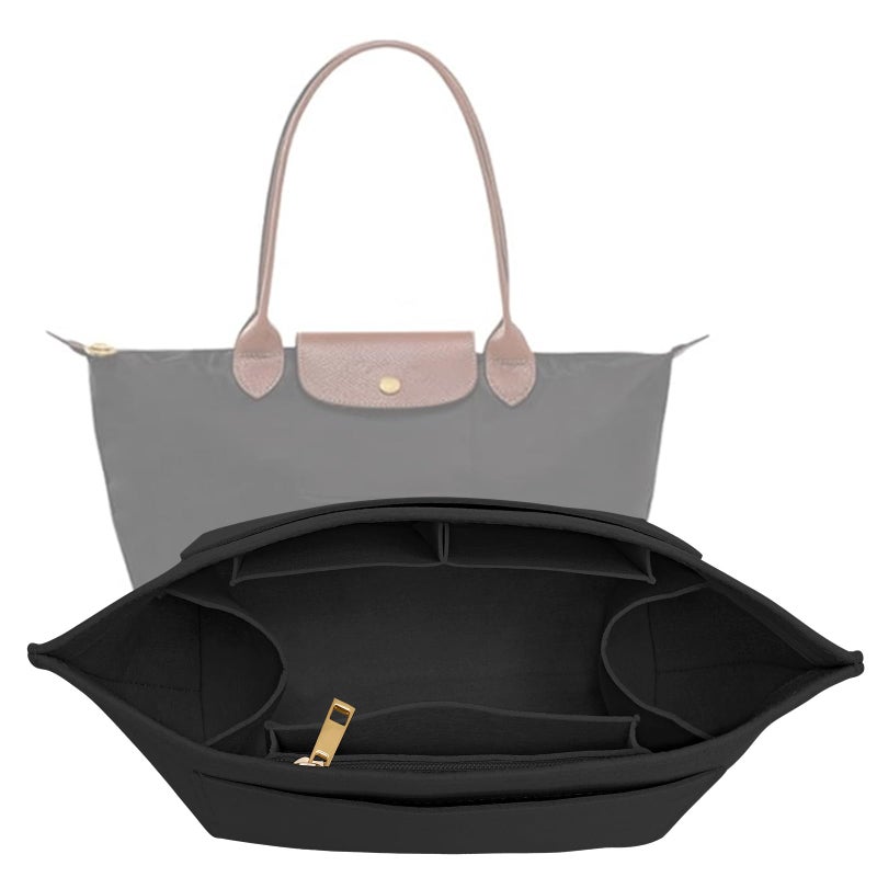 LOUKAYCCI Purse Organizer Insert for Longchamp Le Pliage M Handbag Insert Felt Long Champ Tote Bag Organizer Insert with Cup Black Medium - Image 2