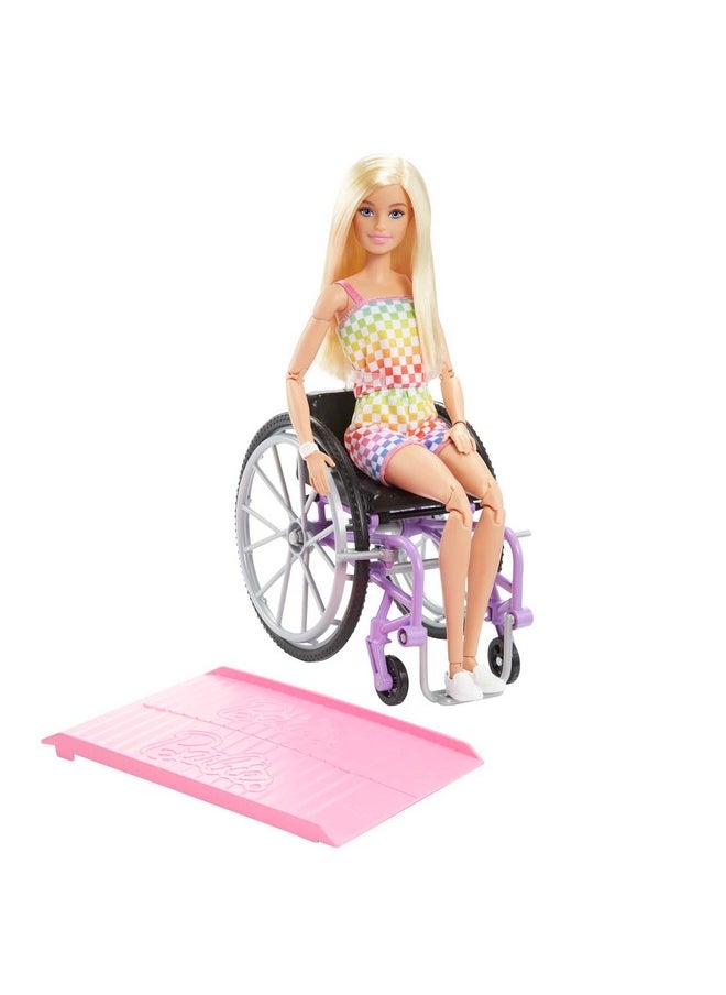Barbie Fashionistas Doll 194 With Wheelchair And Ramp Straight Blonde Hair And Rainbow Romper With Accessories  - Image 2