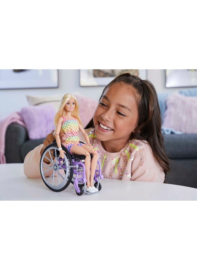 Barbie Fashionistas Doll 194 With Wheelchair And Ramp Straight Blonde Hair And Rainbow Romper With Accessories  - Image 3
