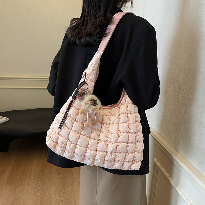 Cloud Bag Pleated Casual Dumpling Bag All-Match Rhombic Korean Down Crossbody Bag Commuter Tote Bag - Image 5