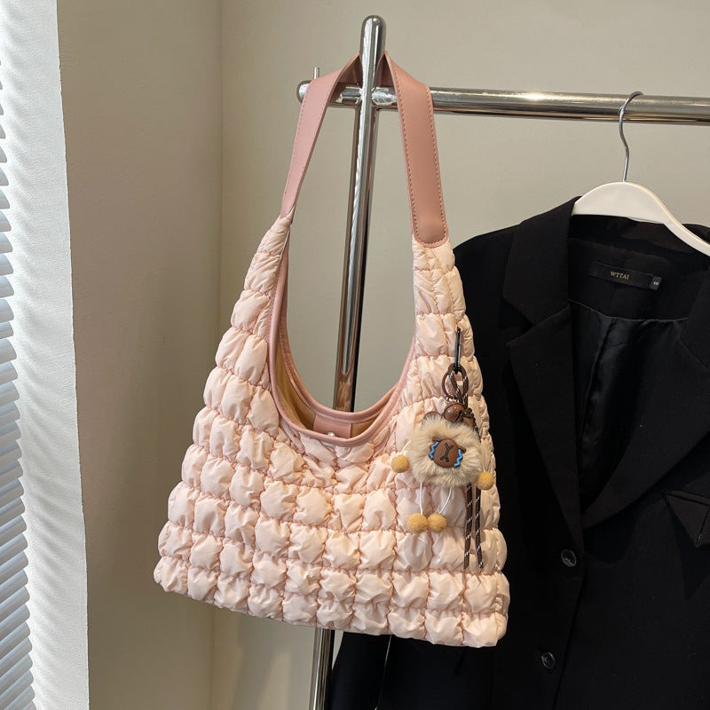 Cloud Bag Pleated Casual Dumpling Bag All-Match Rhombic Korean Down Crossbody Bag Commuter Tote Bag - Image 1