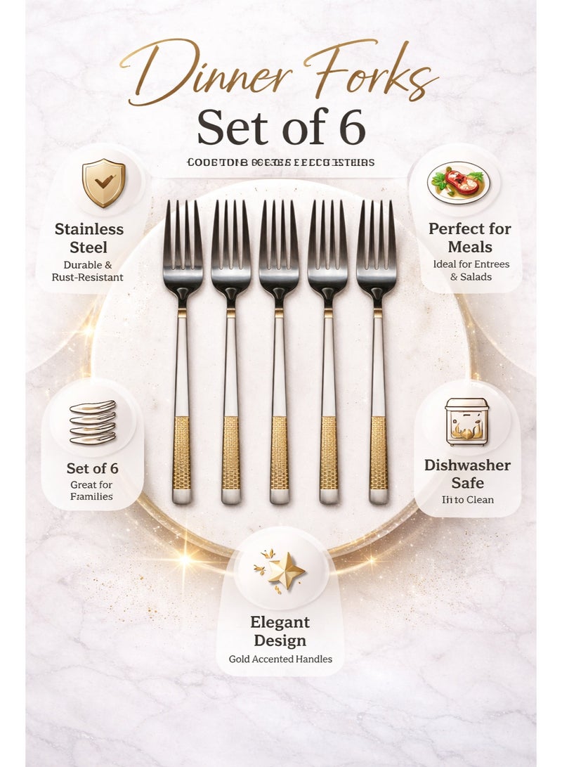 Stainless Steel Dinner Forks Set Of 6, 20 Cm Length, Mirror Polish Forks With Gold Handle, Rust Resistant Cutlery For Home Kitchen And Restaurant Use (Dinner Fork) - Image 4