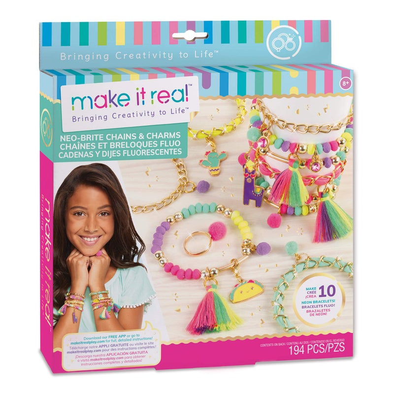 Make It Real Neo-Brite Chains&Charms Kit|Create 10 Unique Cord&Tassel Charm Bracelets,195 Pieces,Includes Play Tray|DIY Playful Charm&Jewelry Kit|Arts&Crafts,Girls Ages 8+|Made in India,Multicolor - Image 2