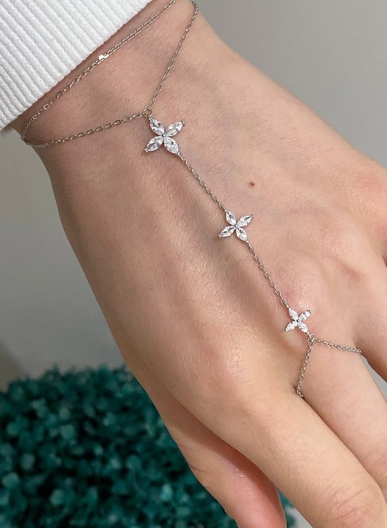 Boho Wrist Layered Finger Bracelet Ring Hand Chain Silver Crystal Ring Bracelet Non Tarnish v Shape Harness - Image 1