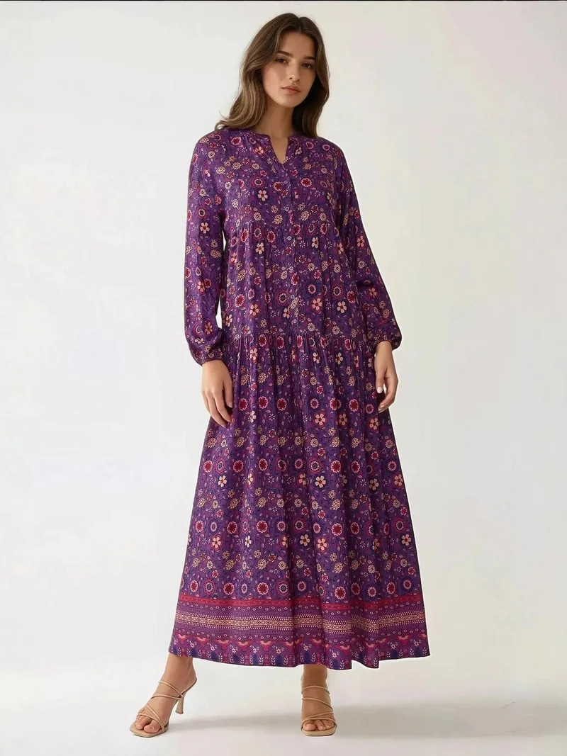 زوبعة فستان ماكسي مطبوع بياقة على شكل حرف  وأزرار