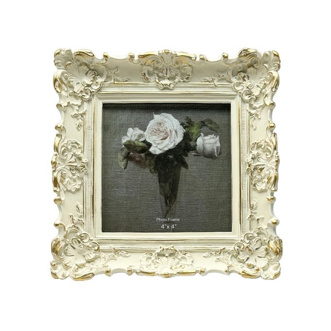 CISOO 4x4 Vintage Small Picture Frame Antique Ornate White with Gold Square Photo Frame for Table Top and Wall Display Decorative Floral Design Retro Home Decor Photo Gallery Art
