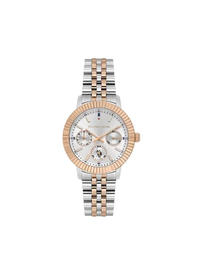 يو اس بولو اسن Crossing Silver Dial Stainless Steel Bracelet Multifunction Watch for Women, 34mm