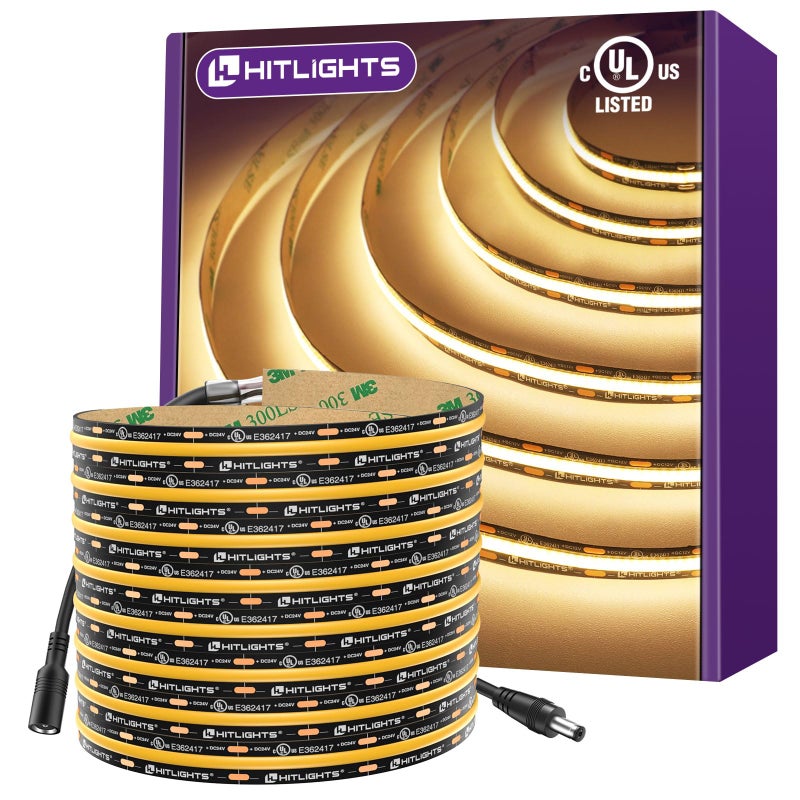 HitLights COB LED Strip Lights Warm White 3000K, 16.4ft Premium 12V Tape Light High Density, 2400 LEDs, 305+ LM/FT, CRI 90+, IP30, Lighting for Kitchen, Cabinets, UL Listed (Power Source Not Included) - Image 1