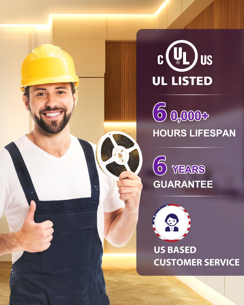 HitLights COB LED Strip Lights Warm White 3000K, 16.4ft Premium 12V Tape Light High Density, 2400 LEDs, 305+ LM/FT, CRI 90+, IP30, Lighting for Kitchen, Cabinets, UL Listed (Power Source Not Included) - Image 3