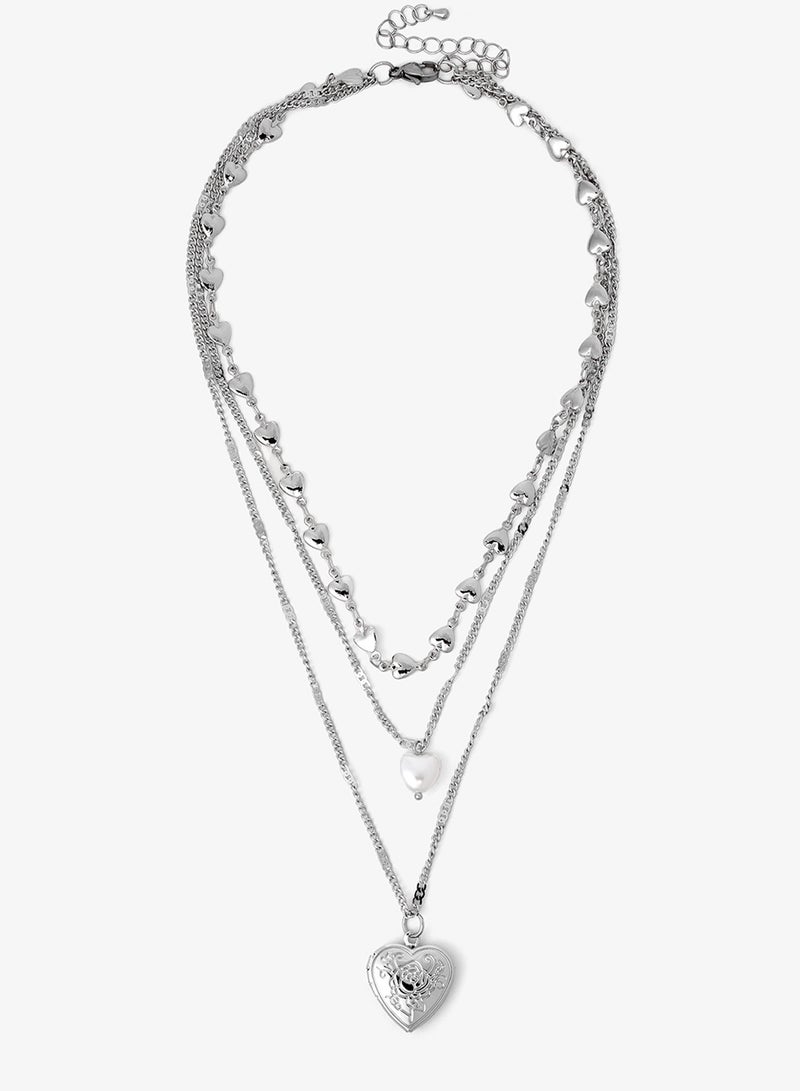 Ginger Heart Chunky Silver Metallic Layered Necklace - Image 1