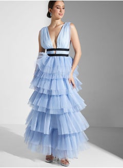 True Decadence Belted Ruffle Plunge Neck Dress  - Image 1