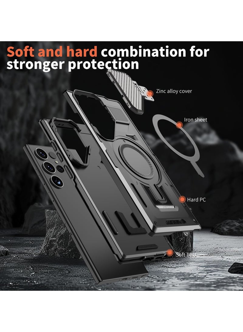 Bumper Case Designed for Samsung Galaxy S25 Ultra Kickstand Case with Camera Cover, Built-in Rotatable Magnetic Heavy Duty Shockproof Phone Cover - Black - Image 4