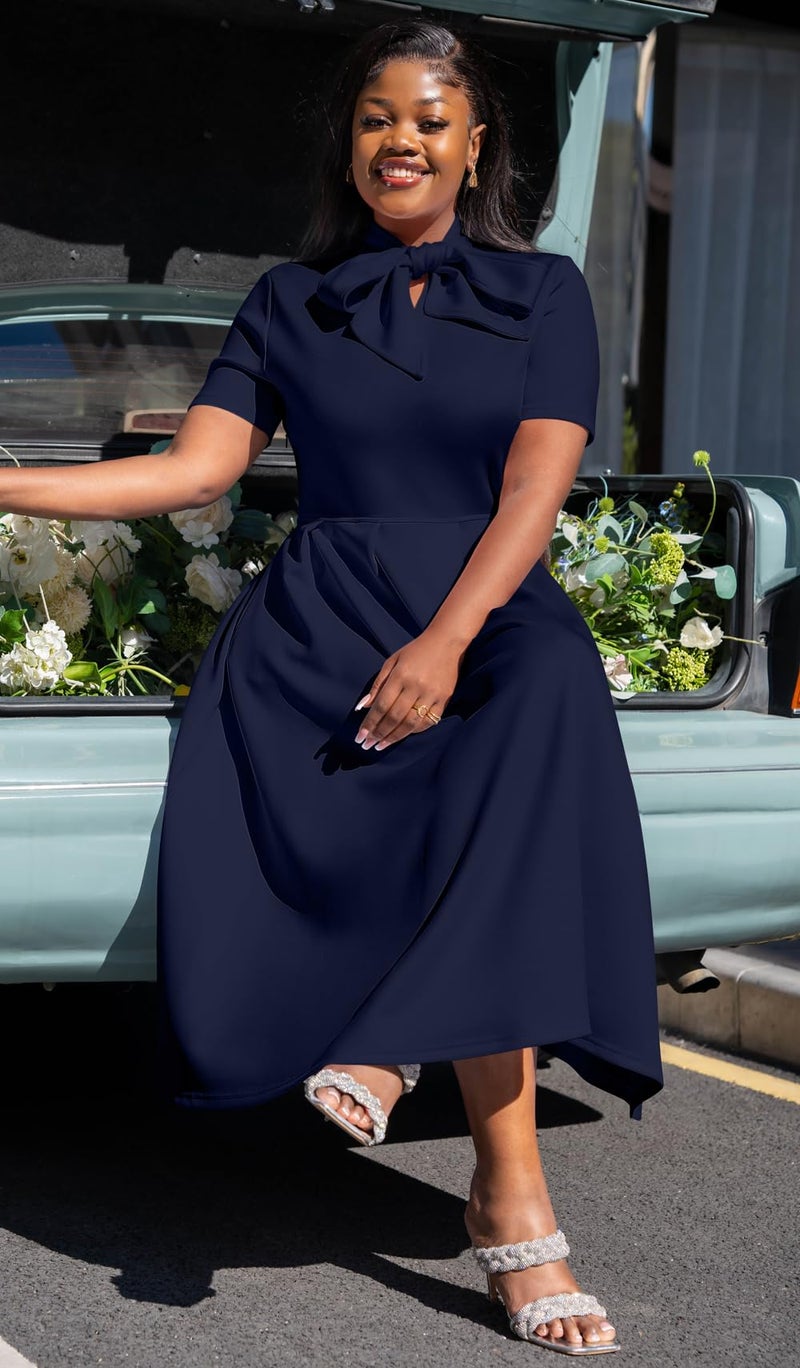 Memoriesea Women's Elegant Casual Short Sleeve Work Party A-Line Dress with Pockets NavyBlue - Image 5