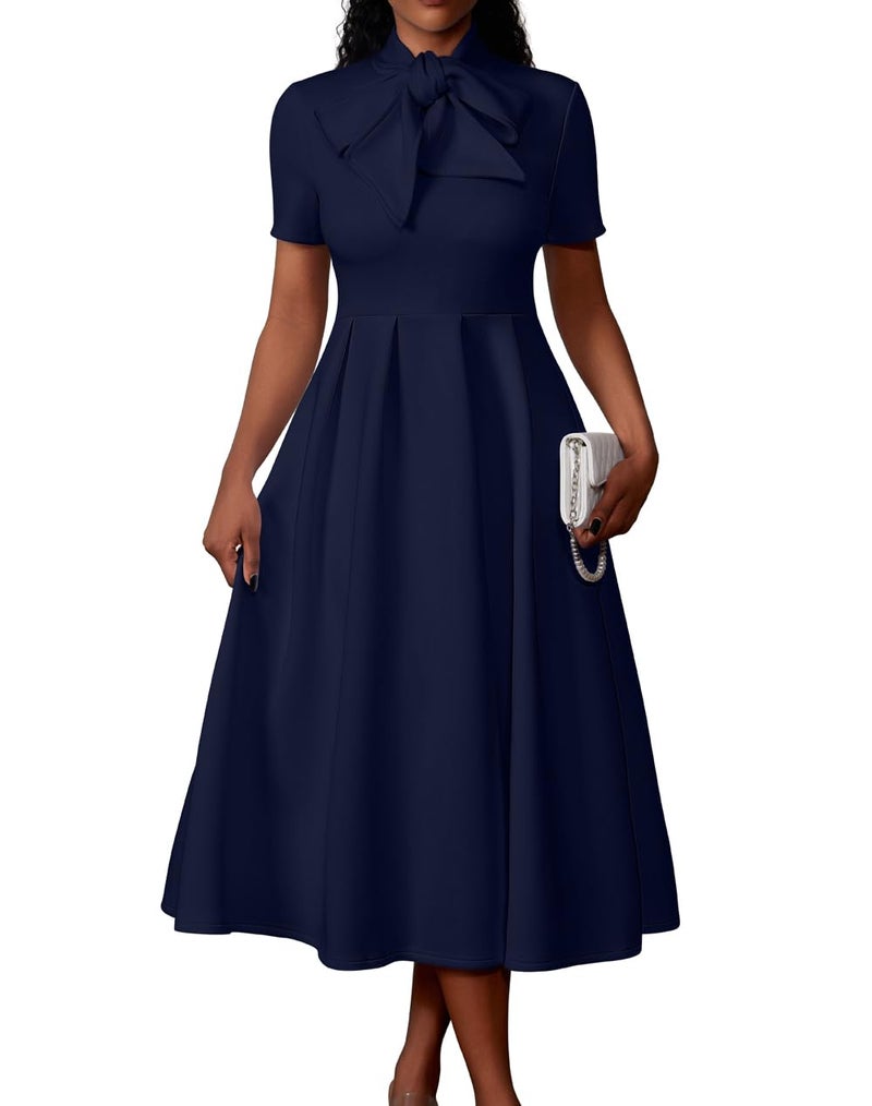 Memoriesea Women's Elegant Casual Short Sleeve Work Party A-Line Dress with Pockets NavyBlue - Image 1