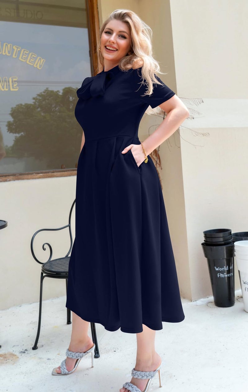 Memoriesea Women's Elegant Casual Short Sleeve Work Party A-Line Dress with Pockets NavyBlue - Image 4