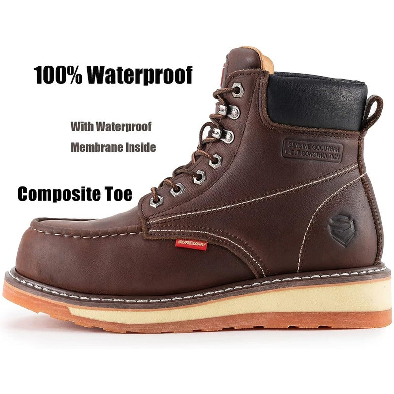 SUREWAY Mens Heavy Duty Soft/Composite/Steel Toe Work Boots for Men-Comfortable,GoodyearWelt,Full Grain Leather,6 in Wedge Moc Toe Construction Boots/Shoes,Waterproof Comp Toe Dark Brown,Size 11 - Image 2