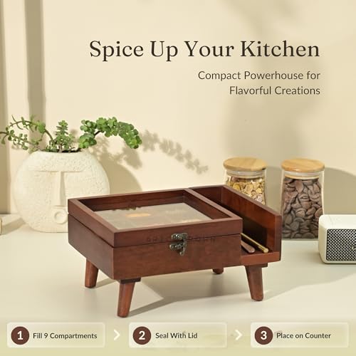 BRICK BROWN ® Premium Handcrafted Crafted 9-Compartment Wooden Table Top Masala Dabba Containers Jars & Kitchen Spice Box with Spoon Masala Box with Legs For Kitchen - 10.7x8x4.6 Inches - Image 2