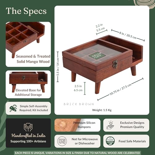 BRICK BROWN ® Premium Handcrafted Crafted 9-Compartment Wooden Table Top Masala Dabba Containers Jars & Kitchen Spice Box with Spoon Masala Box with Legs For Kitchen - 10.7x8x4.6 Inches - Image 5