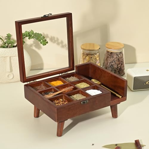 BRICK BROWN ® Premium Handcrafted Crafted 9-Compartment Wooden Table Top Masala Dabba Containers Jars & Kitchen Spice Box with Spoon Masala Box with Legs For Kitchen - 10.7x8x4.6 Inches - Image 1