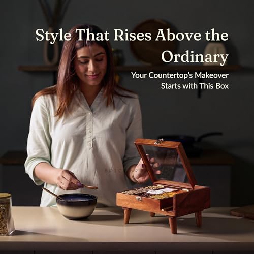 BRICK BROWN ® Premium Handcrafted Crafted 9-Compartment Wooden Table Top Masala Dabba Containers Jars & Kitchen Spice Box with Spoon Masala Box with Legs For Kitchen - 10.7x8x4.6 Inches - Image 3