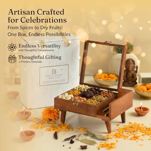 BRICK BROWN ® Premium Handcrafted Crafted 9-Compartment Wooden Table Top Masala Dabba Containers Jars & Kitchen Spice Box with Spoon Masala Box with Legs For Kitchen - 10.7x8x4.6 Inches - Image 4